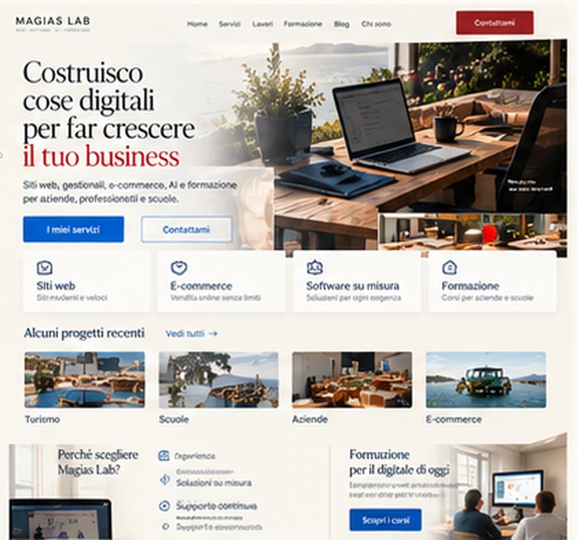 Il primo mockup della homepage generato dall'AI: titolo «Costruisco cose digitali per far crescere il tuo business», due pulsanti, quattro card dei servizi, una fila di progetti e altri blocchi sotto